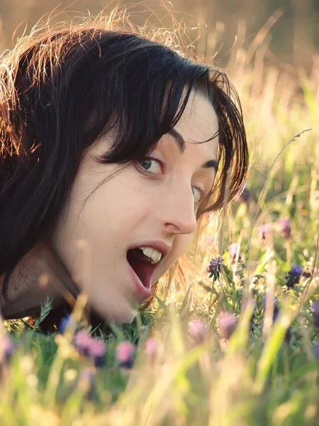 Girl in a field of flowers. — Stock Photo, Image