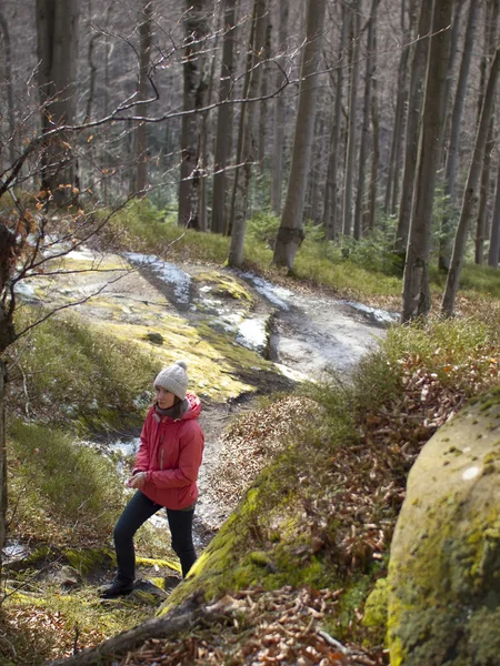 Flicka promenader i skogen. — Stockfoto