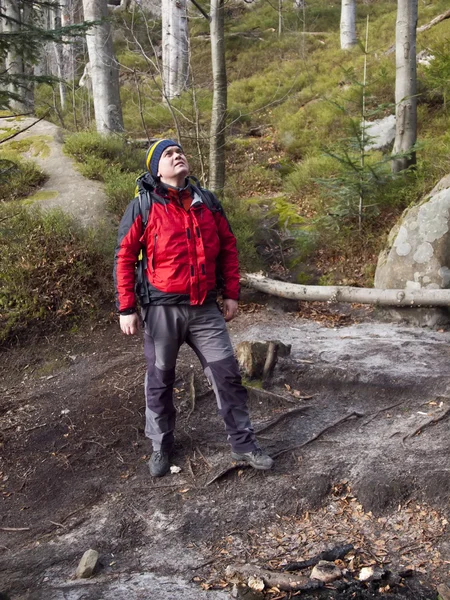 een man loopt door het bos.