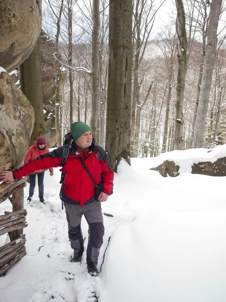 一名男子站在冬季的森林. — 图库照片
