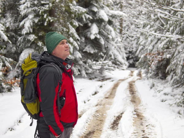 Egy férfi áll a téli erdő. — Stock Fotó