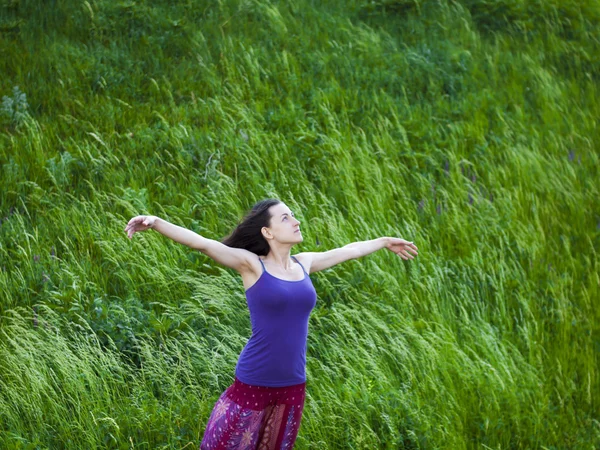 Romantisches Mädchen steht auf einem Feld im Wind. — Stockfoto