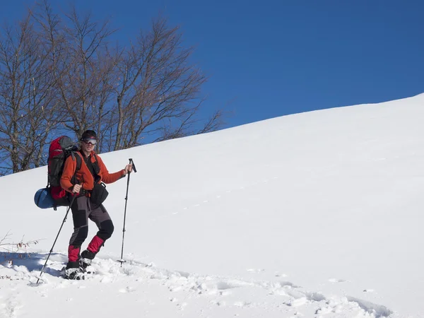 スノーシューで雪の中で山の中です。. — ストック写真