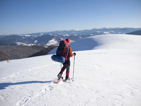 Un hombre en raquetas de nieve es la nieve . — Foto de Stock