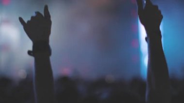 Genç bir kız bir rock festivalinde dans ediyor. Genç bir kadın ve arkadaşları gülümsüyor ve gülüyorlar, gece müzik festivalinin tadını çıkarıyorlar. Eğleniyorum.