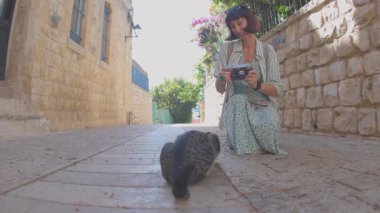 Genç bir kız sokak kedisinin fotoğrafını çekiyor. Bir turist hayvanlarla ilgilenir. Hayvanlar için sevgi. Kız fotoğrafımı çekiyor.