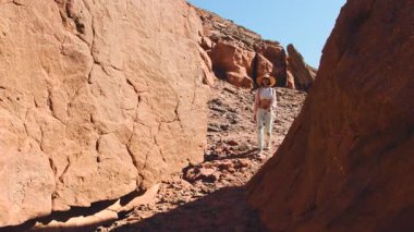 Sırt çantalı bir dişi turist çölde yürüyor, kırmızı kayaların ve kanyon geçitlerinin tadını çıkarıyor. Çöl gezisi