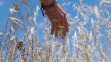 Vahşi çimenlere dokunan bir el. Doğanın tadını çıkarıyorum. Kelepçeli bir el. Çayırda bir kız.