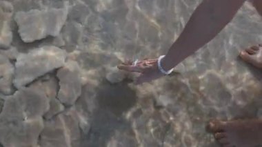 Bir turist, Ölü Deniz 'in dibinden tuz kristalleri topluyor ve onları inceliyor. Ölü Deniz, İsrail. Bir kadının eli doğaldır.