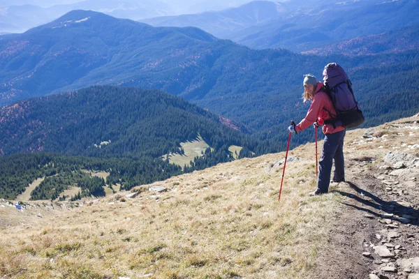 Ein Mädchen steht auf einem schönen Berg. — Stockfoto