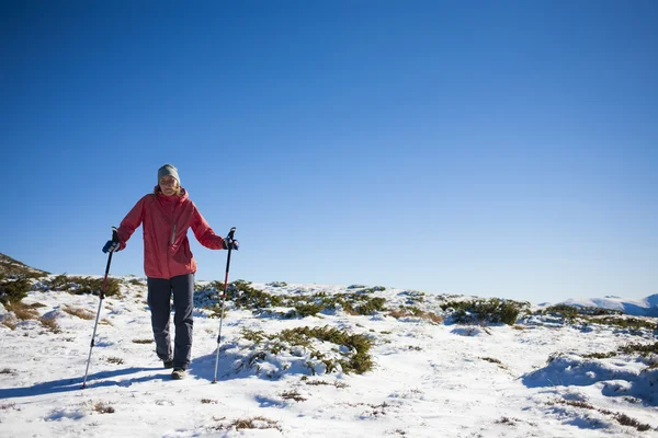 Het meisje wandelingen door de sneeuw in de bergen. — Stockfoto