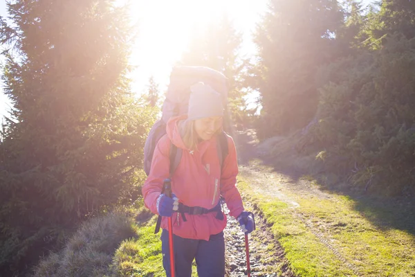 Das Mädchen mit dem Rucksack ist auf einem Waldweg. — Stockfoto