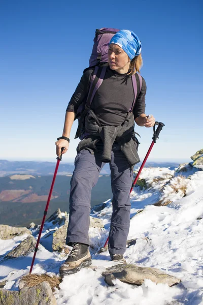 Una chica se para en la cima de una montaña . — Foto de Stock