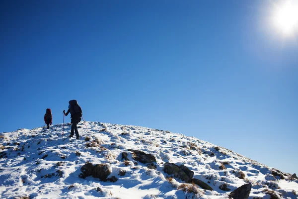 Kızlar dağlara seyahat. — Stok fotoğraf