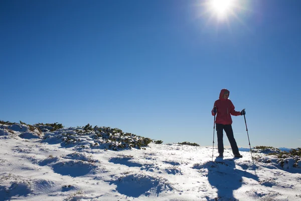 Ung och vacker flicka vandrar i snön. — Stockfoto