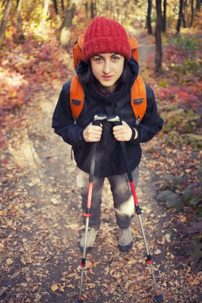 Dziewczyna z plecaka spaceru w lesie. — Zdjęcie stockowe