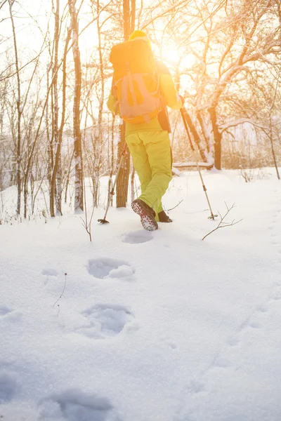 O atleta caminha na neve. — Fotografia de Stock