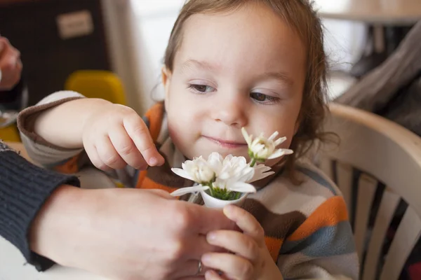 小さな男の子の花の臭いがします。. — ストック写真