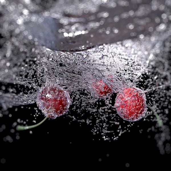 Cerezas en salpicaduras de agua, aisladas sobre fondo negro — Foto de Stock