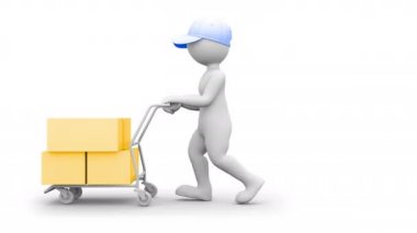 Teslim et. bir el arabası ile 3D karakter. İnsanlar serisi. Alfa bir örtü ile.