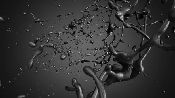 Camera vliegen door zwarte olie Drops. Slow Motion. — Stockvideo