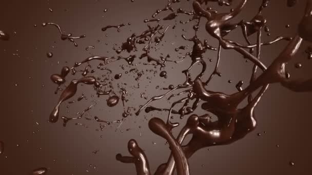 Câmera voar através de gotas de chocolate quente. Movimento lento . — Vídeo de Stock