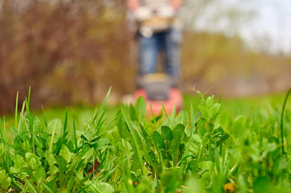 人接近与草坪割草机 — 图库照片