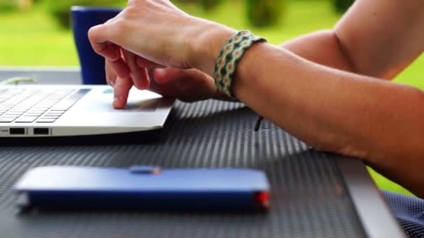 Mani femminili digitando sulla tastiera di un computer portatile nel giardino verde — Video Stock