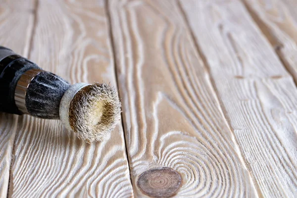 Electrical Drill Circular Metallic Wire Brush Lying Treated Textured Surface — Stock Photo, Image