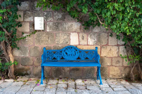 ТЕЛЬ-АВИВ, Израиль - 2 декабря 2019 года: Красивая синяя резная скамейка возле древней стены, окруженная кустарником — стоковое фото