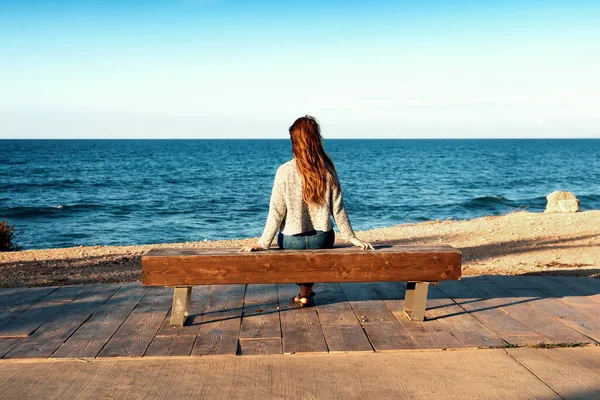 Back View Thoughtful Teenage Girl Sittiung Bench Sea Shore Sunset — Stock Photo, Image