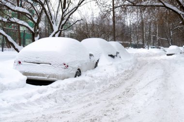 Moskova 'da bir caddenin yol kenarındaki sert bir kar fırtınasının ardından arabalar karla kaplandı.