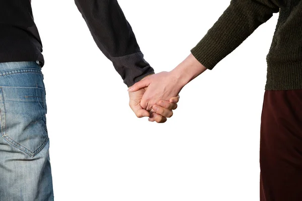 Junges kaukasisches Paar hält sich isoliert an weißen Händen — Stockfoto