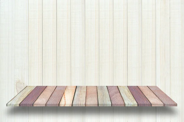 Vista superior vazia da mesa de madeira no fundo de madeira, para exibição — Fotografia de Stock