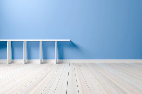 Üres belső fény kék szobában fehér fehér polc és fából készült floo — Stock Fotó