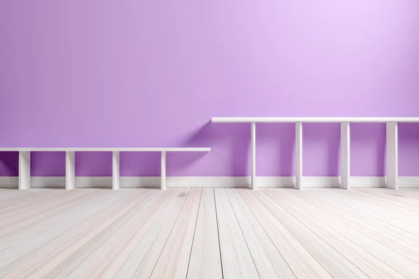 Üres belső fény lila szoba fehér fehér polc és fából készült fl — Stock Fotó