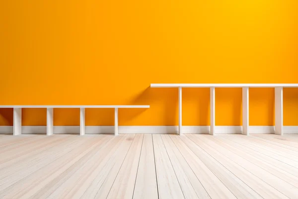 Üres belső narancssárga szobában fehér fehér polc és fából készült padló, F — Stock Fotó