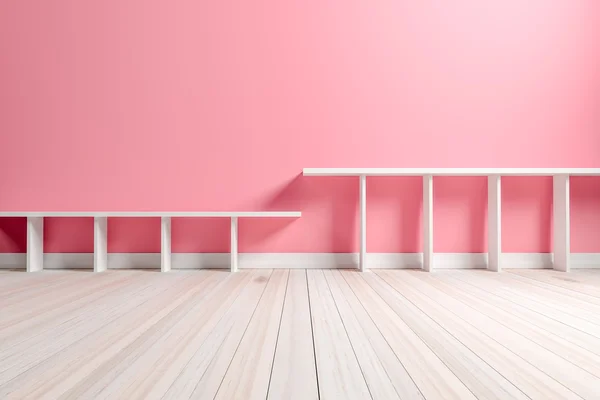 백색 선반과 나무 바닥 빈 인테리어 라이트 핑크 룸 — 스톡 사진