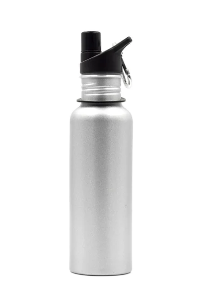 흰색 배경에 carabiner 클립 금속 물 병. — 스톡 사진