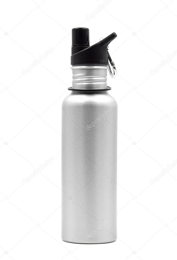 Metallic water bottle with a carabiner clip on white background.