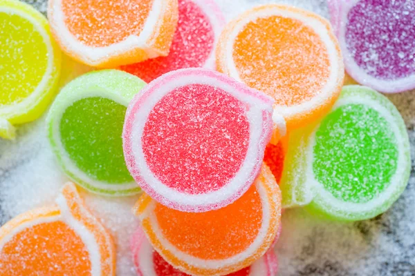 Jelly sweet, flavor fruit, candy dessert colorful on sugar. — Stock Photo, Image