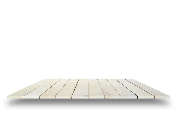 Parte superior vazia da mesa de madeira isolada no fundo branco . — Fotografia de Stock