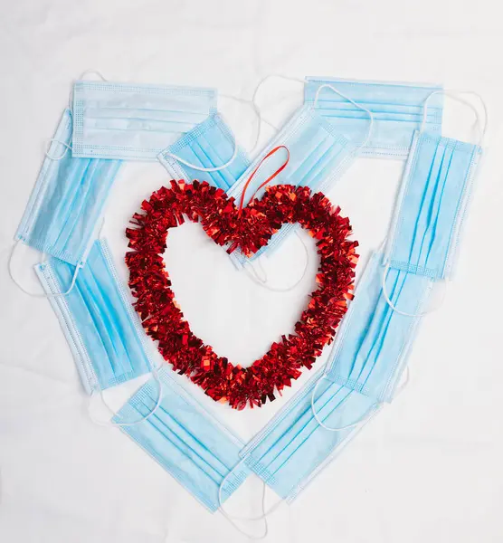 Heart Made Blue Surgical Masks Which Decorative Red Heart Everything Royalty Free Stock Photos