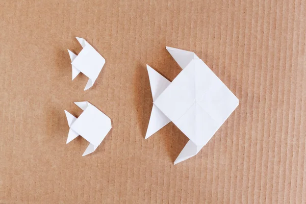 Három Origami Hal Elszigetelt Karton Felületen Egyik Nagyobb Másik Kettő — Stock Fotó