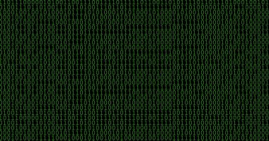 Yeşil sıfırlar mozaiği ve siyah arka planda birler. İkili sayılarla soyut bilgisayar dokusu veya arkaplanı.
