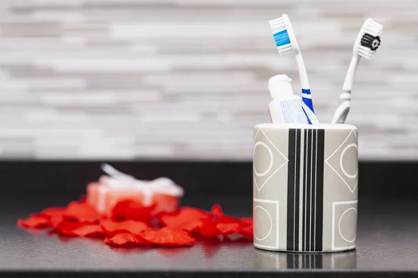 Banyo dolabının karanlık bir yüzeyinde, ön planda, iki diş fırçası ve bir tüp diş macunu olan bir kavanoz var, arka planda, odak dışında, bazı kırmızı yaprakların üzerinde bir kalıp sabun var..