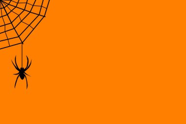 Örümceğin silueti çizimin bir köşesinde ağına asılmış. Ağ ve örümcek siyah, arka plan turuncu..