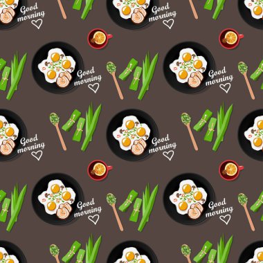 Domuz pastırmalı ev yapımı kahvaltı, tavada kızarmış yumurta, bir fincan limon çayı ve pandan yapraklı baharat. Üst görünüm düzlüğü