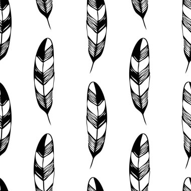 Kuş tüyü ya da eski bir tüy kalem desenli dikişsiz siyah beyaz vektör.