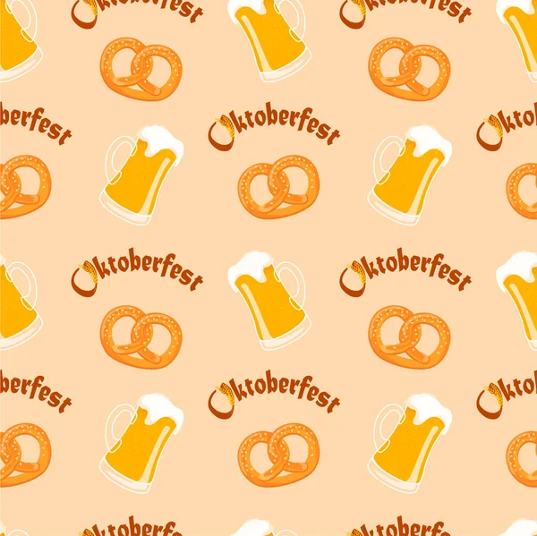 Modèle Vectoriel Sans Couture Lettrage Oktoberfest Bretzels Tasses Bière — Image vectorielle